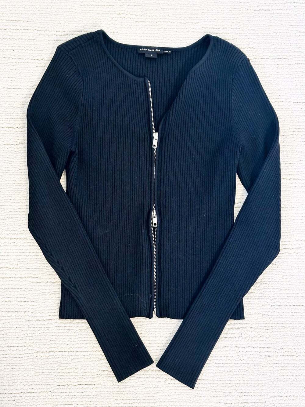GOOD AMERICAN Virgo Rib Zip Front Sz L Black Sweater 90s Y2K Streetwear Goingout - Picture 15 of 15